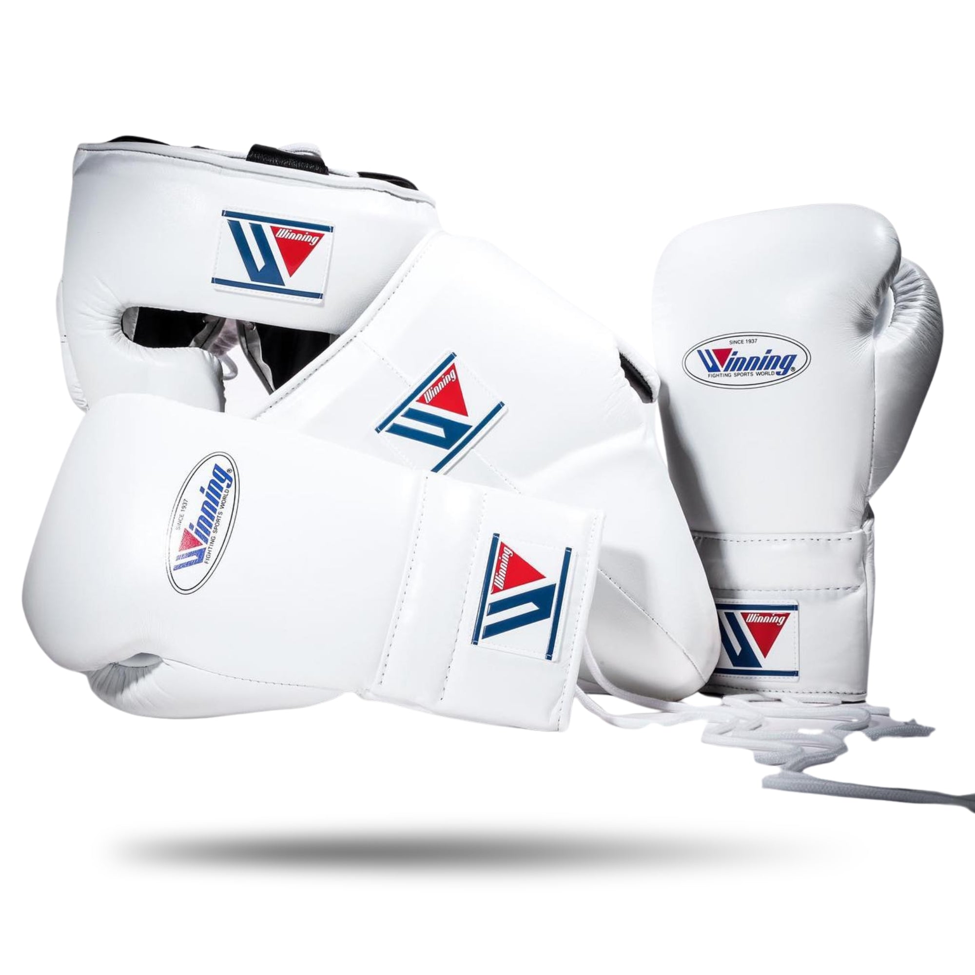 Winning training boxing gloves Set White Leather Face Groin Protection